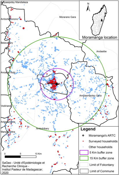 Carte des ménages du district de Moramanga inclus dans l'étude quantitative CAP sur la rage