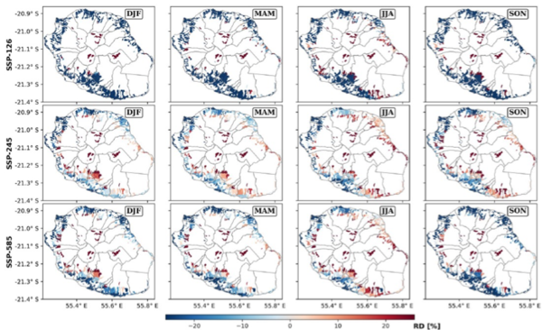 Différence relative de la climatologie saisonnière moyenne de la variable A2H proxy des Aedes albopictus femelles en recherche d’hôtes à l’île de La Réunion entre 2070-2100 et 1982-2012 ©Kevin Lamy